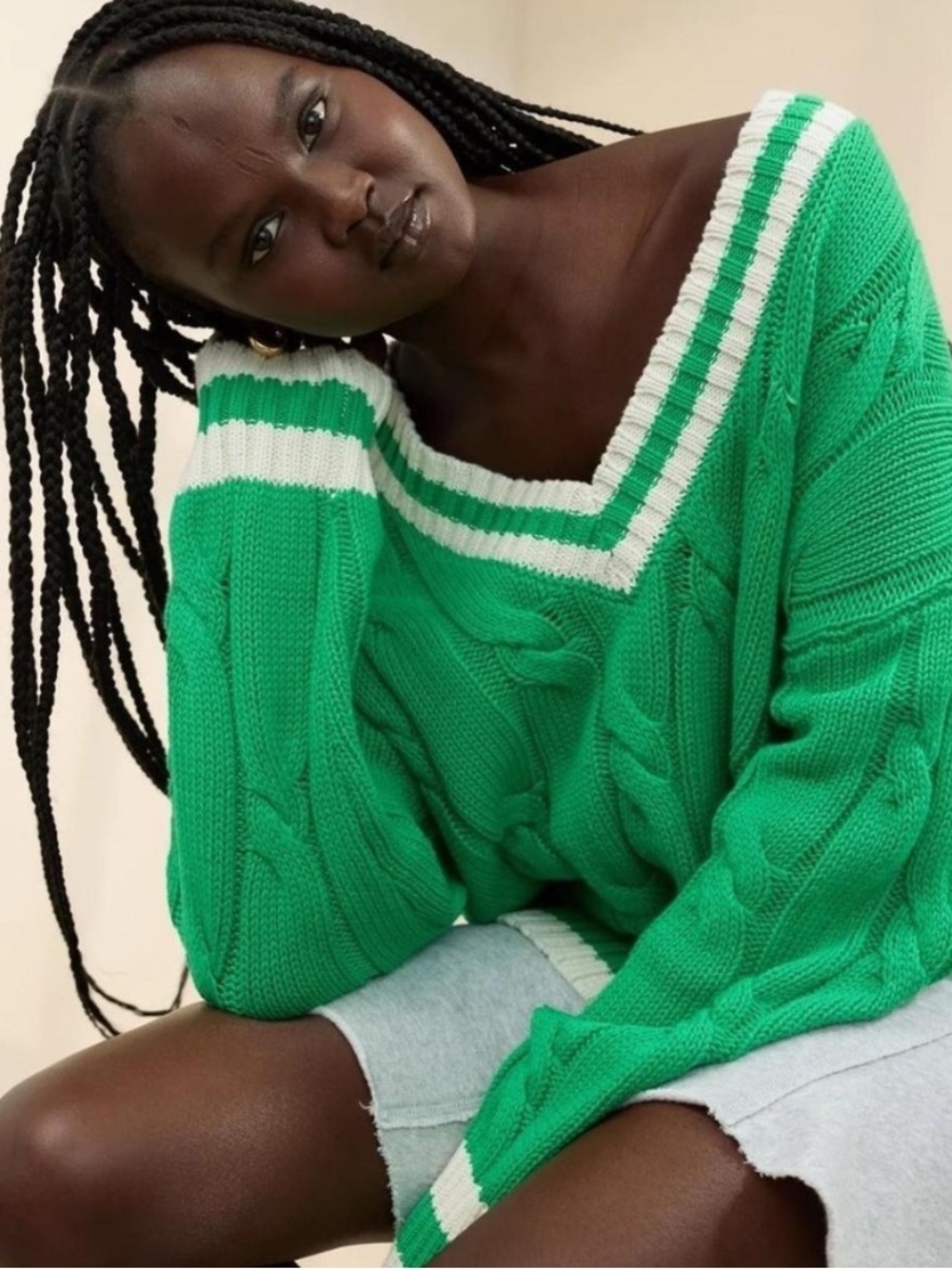 Aerie Green and White Chunky Cable Knit Sweater Sz Lg